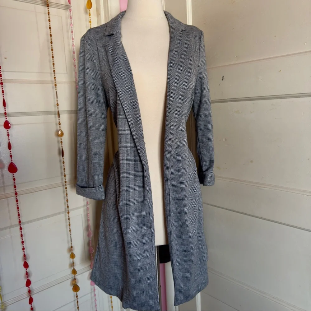 Iris Gray Plaid Longline Open Front Blazer Jacket Career Size M